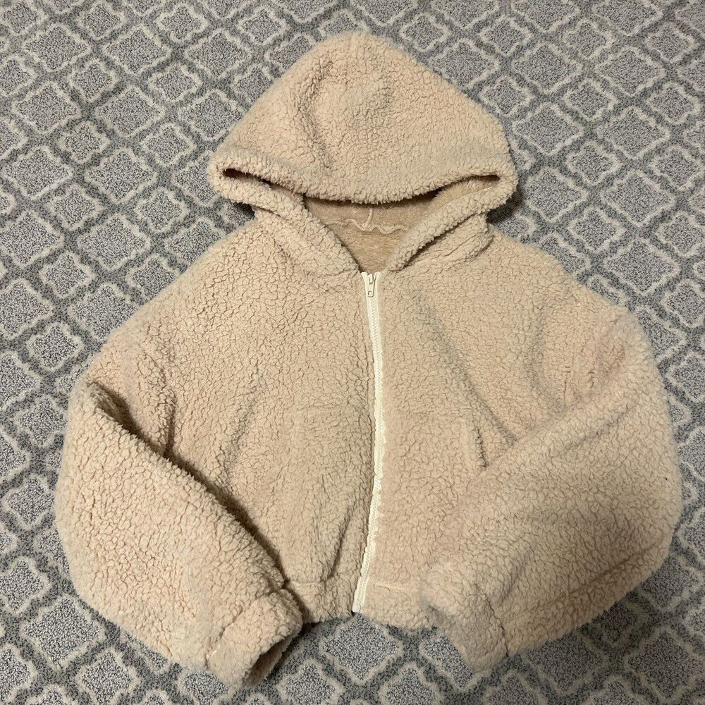 Fuzzy Cropped Teddy Bear Zip Up Jacket